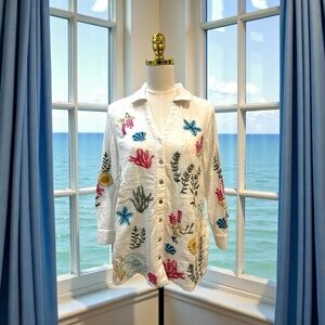 Soft Surroundings Escambia Embroidered Bubble Gauze Tunic Sealife Sz PS Beach